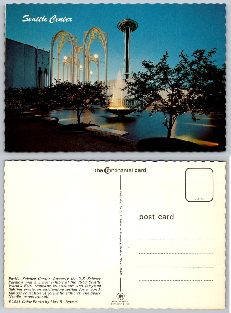 Vintage Seattle Center Postcard Space Needle Pacific Science Center Night