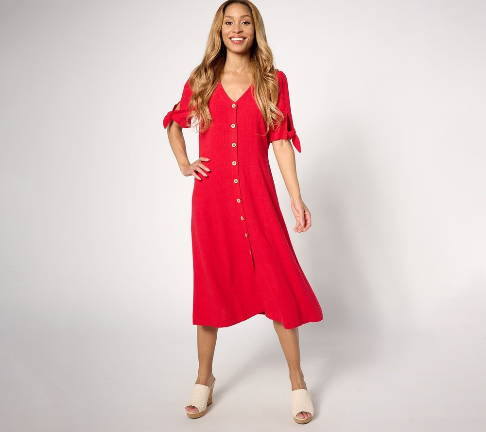 Susan Graver Women's Dress Sz L PURE Regular Linen Blend Tie Sleeve Red A644522