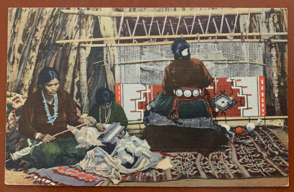Navajo Rugs Making Native American Weaving Hogan Scene Vintage Postcard