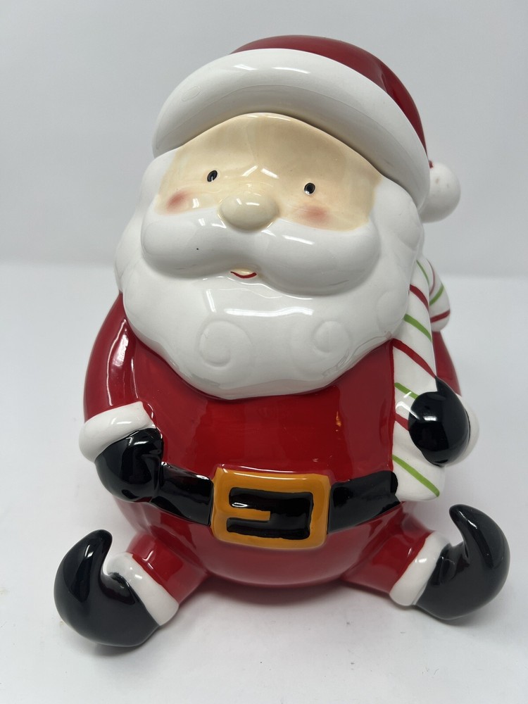 Santa Cookie Jar Sleigh Bell Bistro With Candy Cane Ceramic 8.5” Cute Christmas