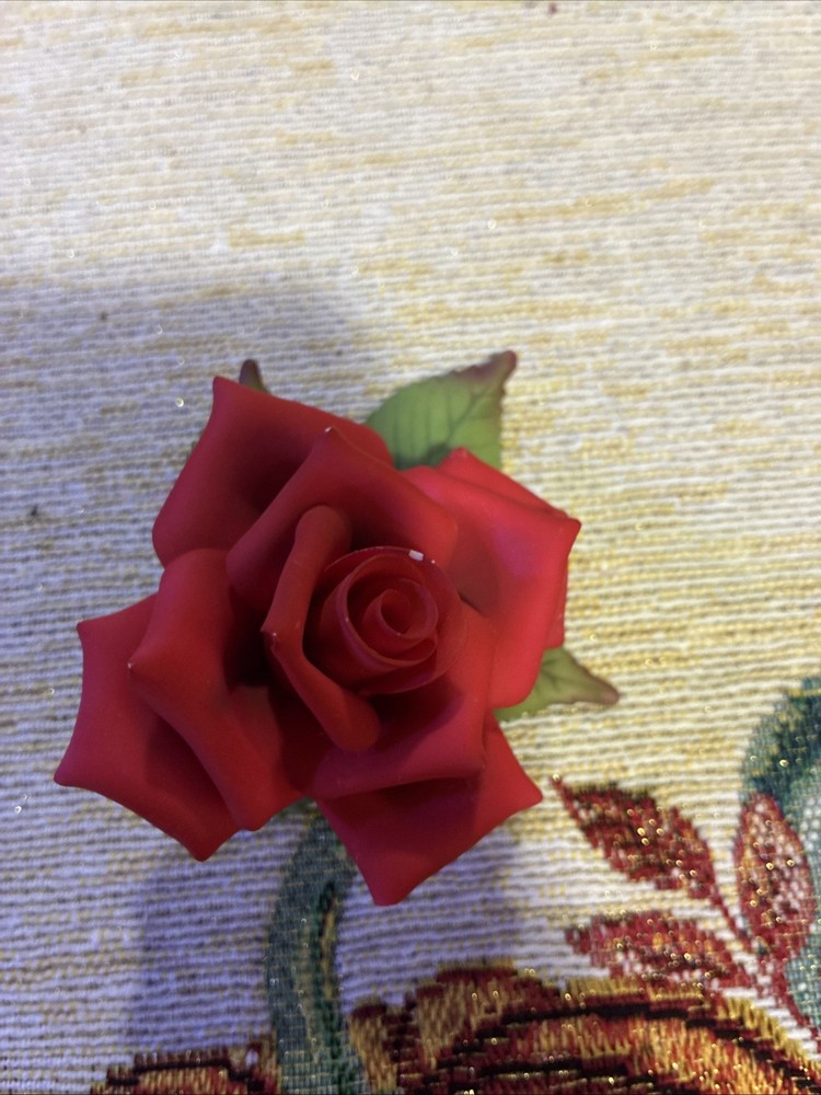 Vintage Genuine Capodimonte Porcelain Ceramic Red Rose w/Leaves Italy 4
