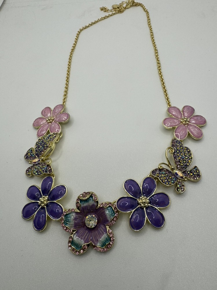 Kirk’s Folly Flower Butterfly Necklace Pink Purple Gold Tone