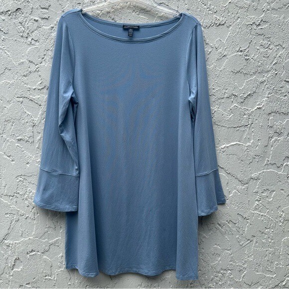 EILEEN FISHER Blouse Top Women Medium Longline Bell Sleeve Blue Tencel Lyocell