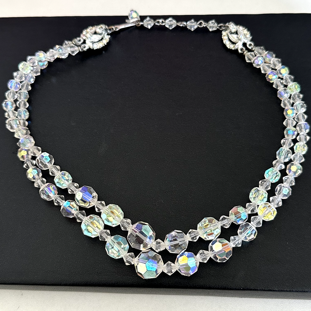 Vintage Lady Ellen Aurora Borealis Clear AB Crystal Graduated 2 Strand Necklace