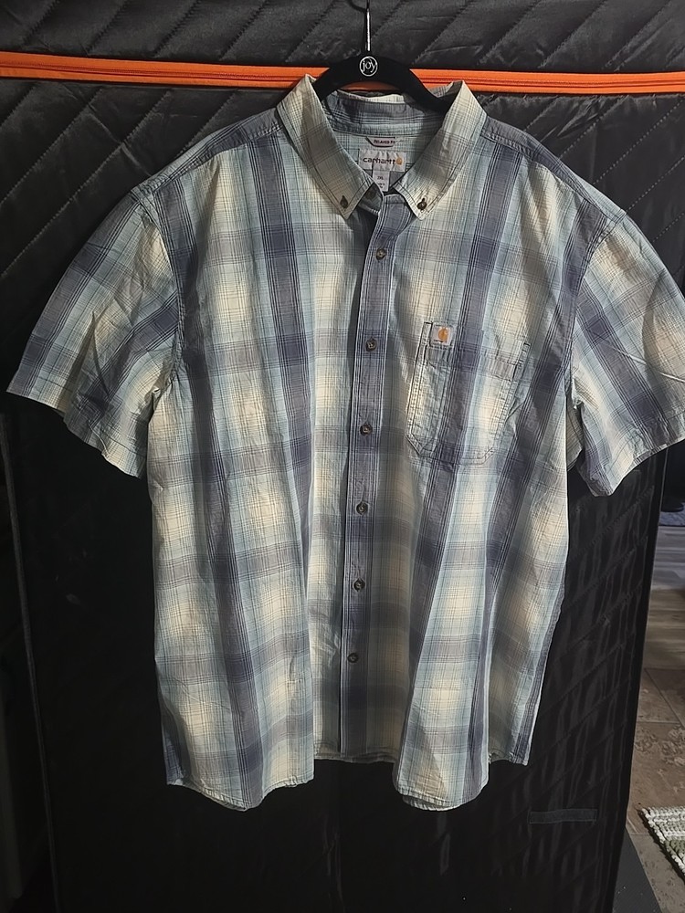 Carhartt Men's 2XL Short Sleeve Button Blue/Green Plaid Shirt Cotton Relaxed Fit
