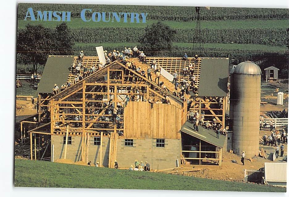 Postcard Barn Raising Scene Amish Country