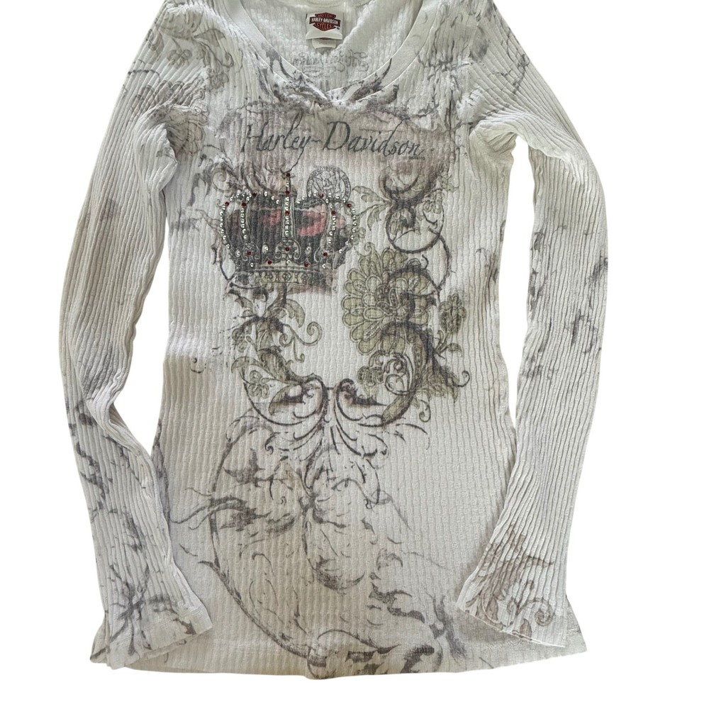 Vintage Y2K Harley Davidson Womens  Knit Top Size L Bling Crown Fairy Grunge USA