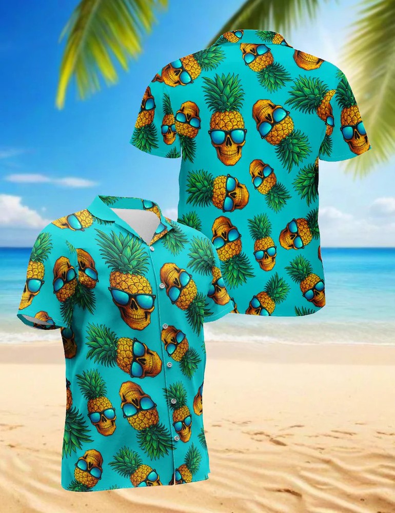Pineapple Skull Hawaiian Shirt Tropical Mens Aloha Beach Summer Vacation