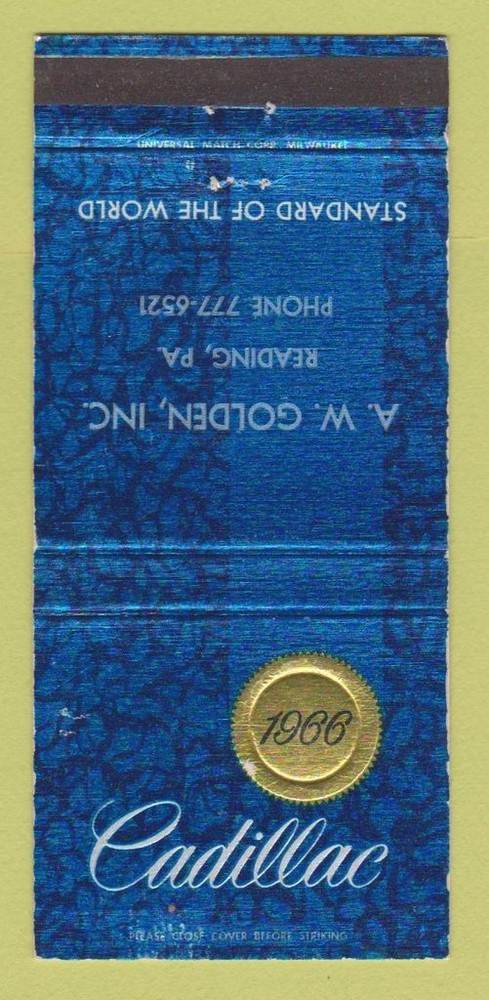 Matchbook Cover - 1966 Cadillac AW Golden Reading PA WEAR 30 Strike