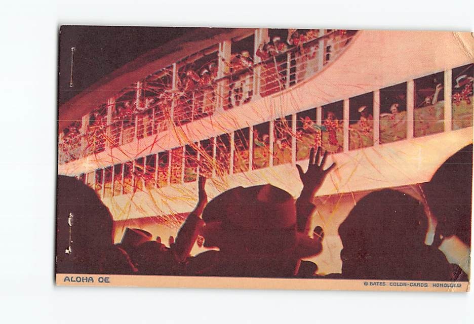 Postcard Vintage Aloha Oe Boat Ship Streamers Bates Color Cards Honolulu