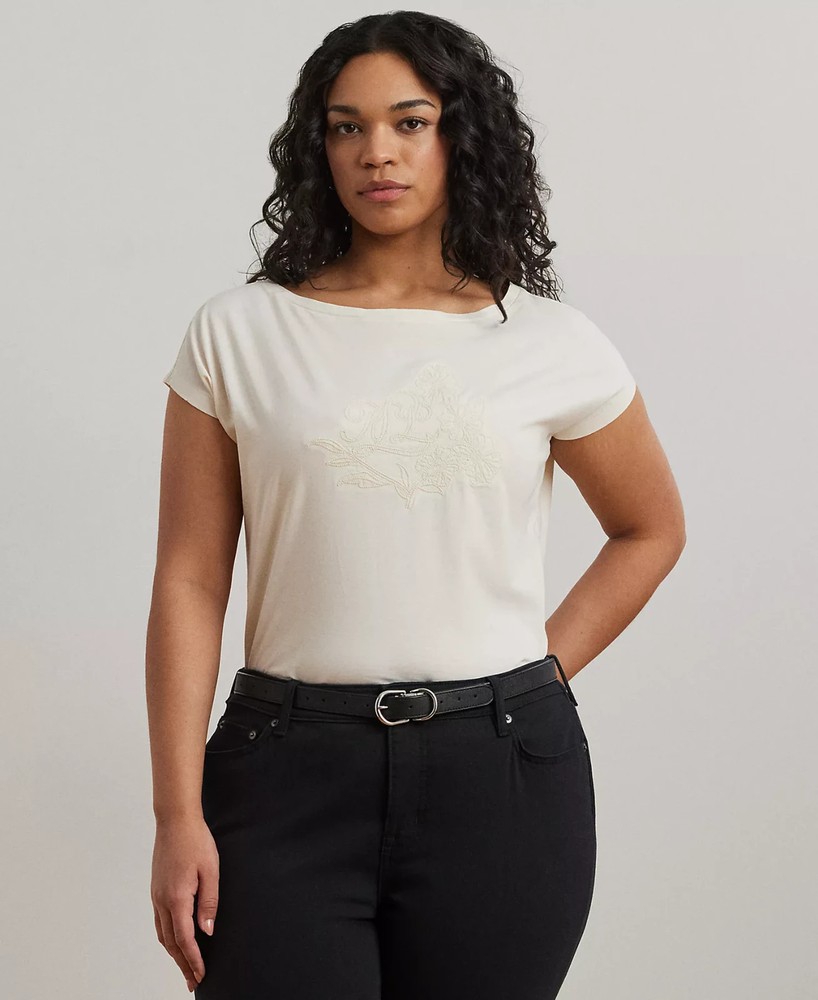 Lauren Ralph Lauren Plus Size Embroidered Boatneck Tee 3X Cotton Jersey