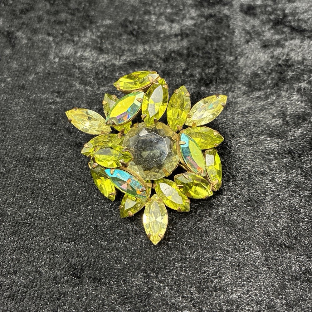 Regency Lime Green Yellow Rhinestone Art Deco Brooch Uranium Glass Vtg MCM