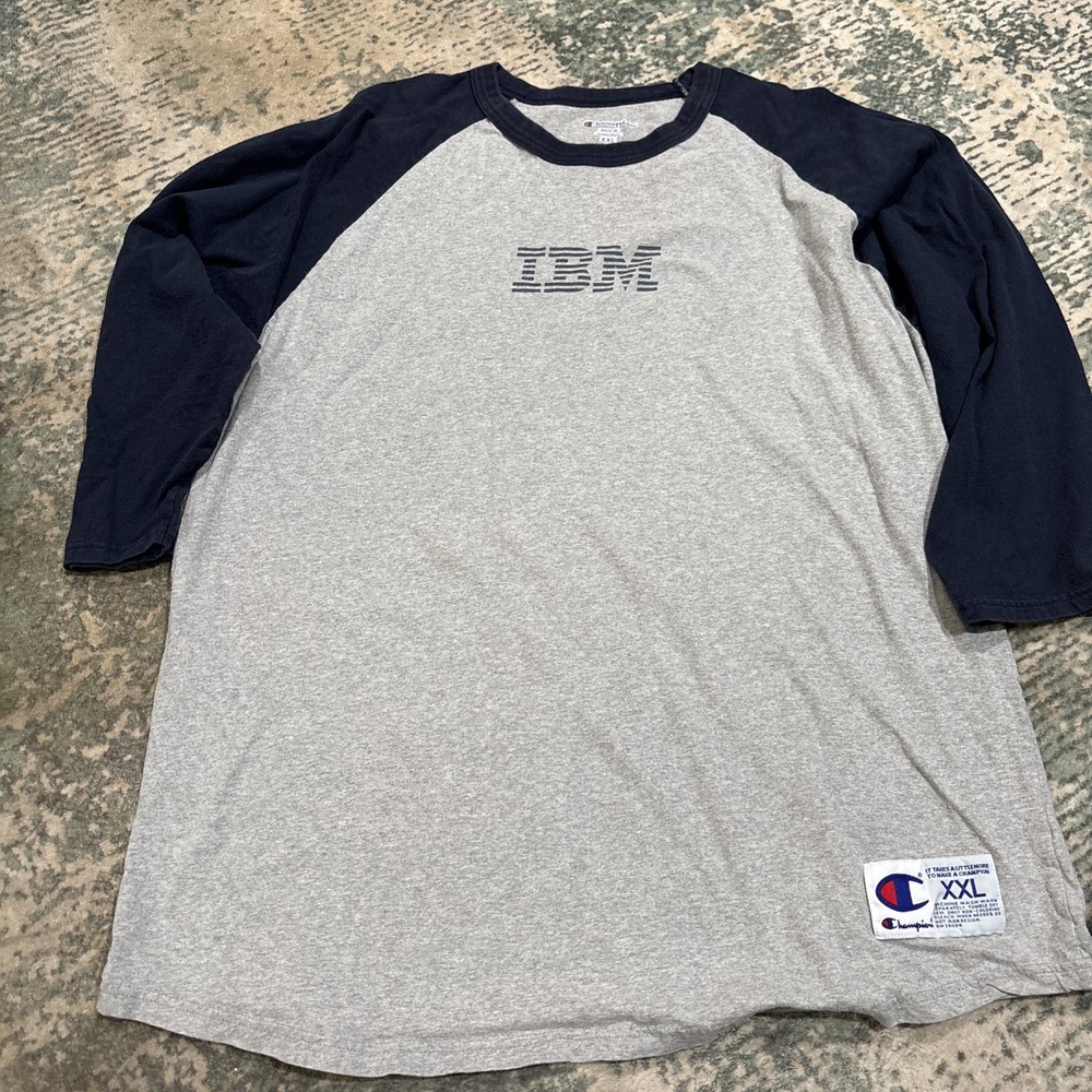 VINTAGE 1990s IBM COMPUTERS BLUE GRAY RAGLAN 3/4 SLEEVE SHIRT 2XL