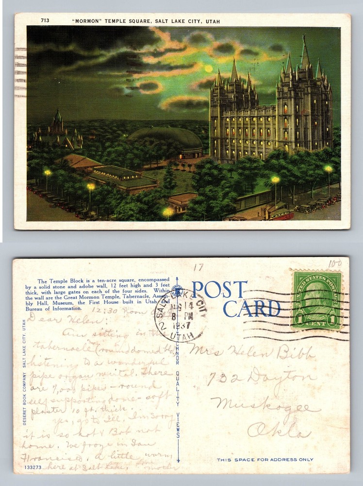 Salt Lake City, Utah, Mormon Temple at Night Tabernacle c1937 Vintage Postcard