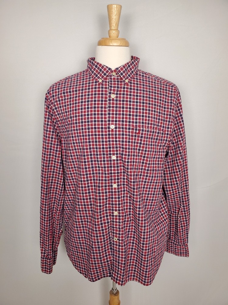 Nautica Classic Fit Red White & Blue Plaid Button Up Long Sleeve Shirt Men's XL