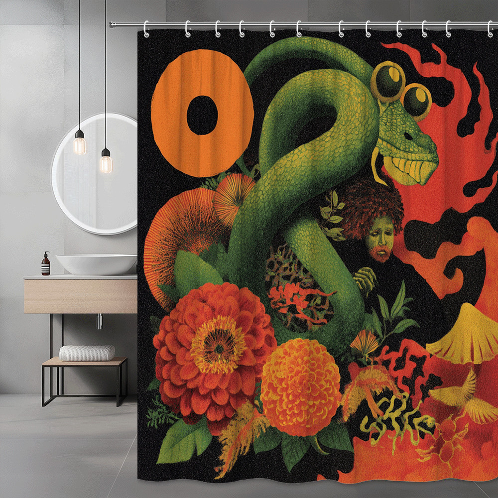 Snake Floral Graphic Shower Curtain Black Orange Green