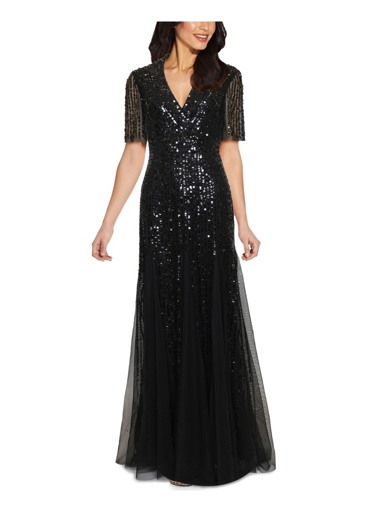 ADRIANNA PAPELL Womens Black Fitted Tuxedo Style Illusion Godets Formal Dress 2
