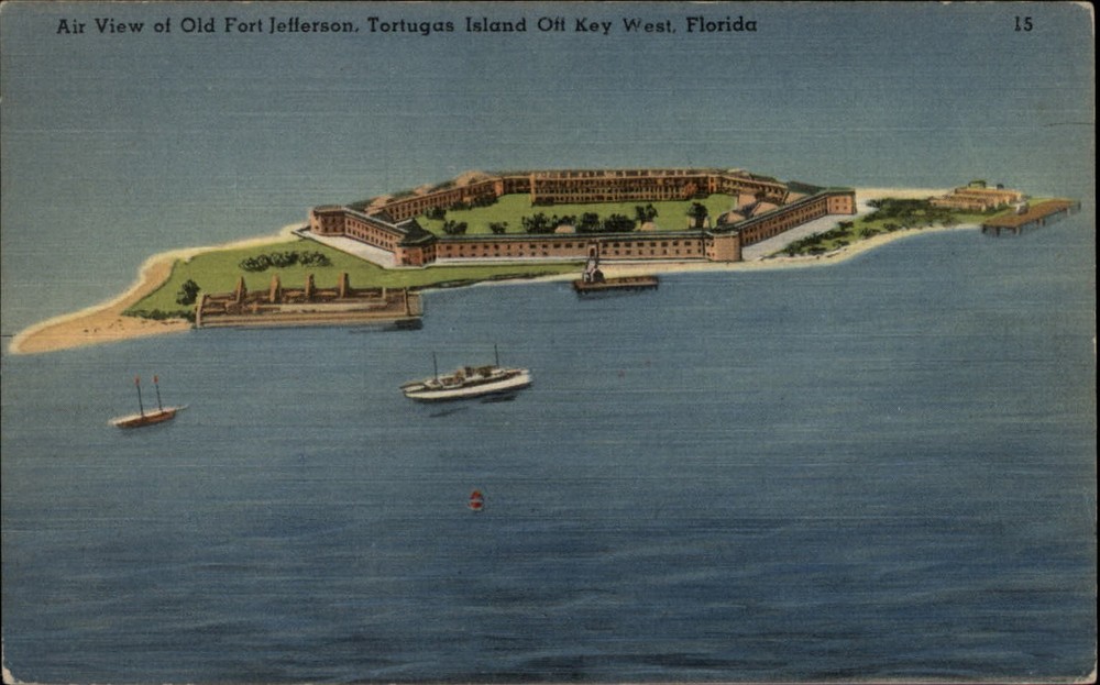 Key West Florida tortugas Island Fort Jefferson aerial vintage linen postcard