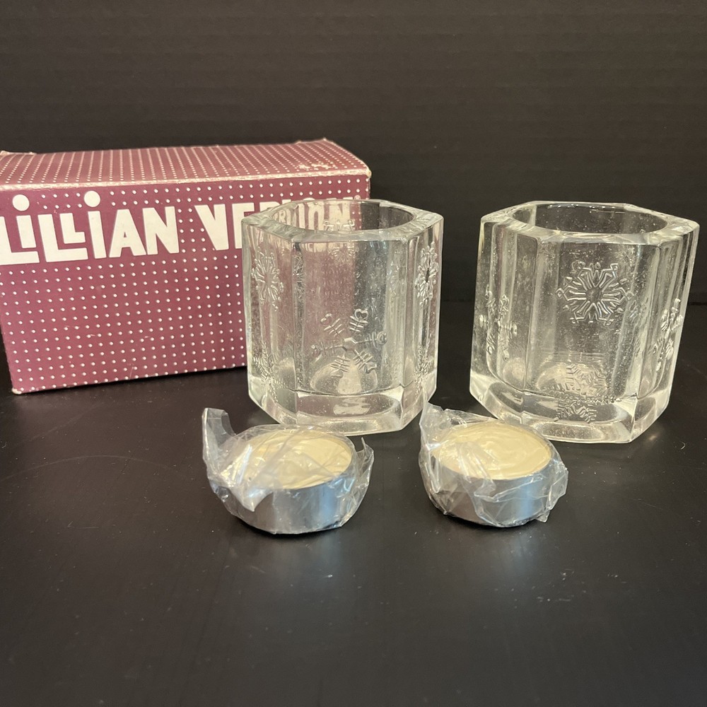 VTG Lillian Vernon Clear Glass Snowflake Candle Holder Set of 2 W/ Tea Candles