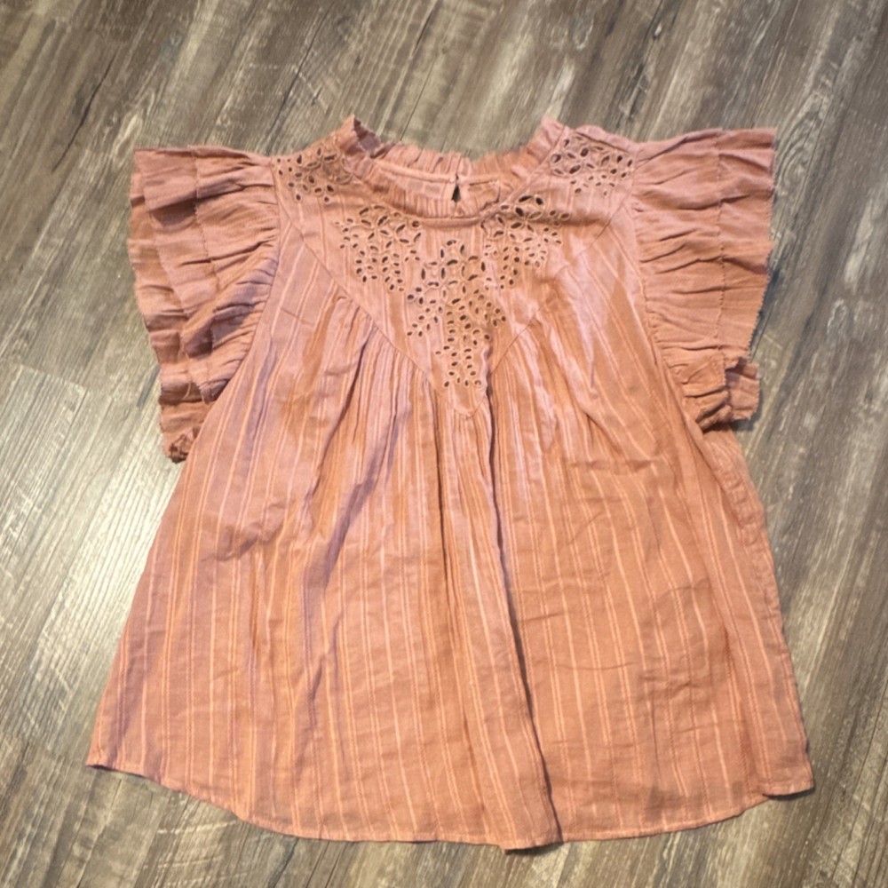 Universal Thread Brown Striped Cotton Eyelet Ruffle Sleeve Blouse L
