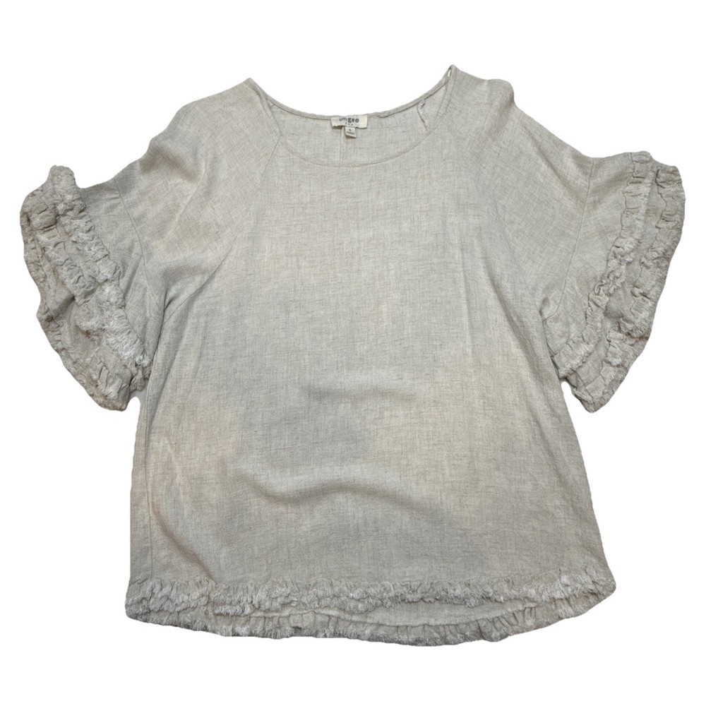 Umgee Womens Linen Blend Boho Top Beige Ruffle Sleeve Frayed Hem Small