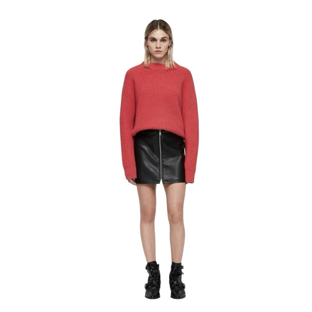 AllSaints Red Wool Blend Sweater Women's M Ribbed Knit Pullover Cozy Mock Neck