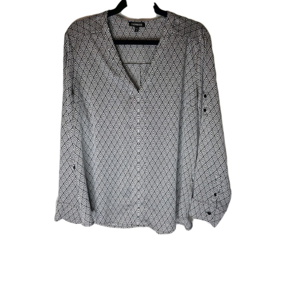Express XL Geometric Black White Button V-Neck Long Sleeve Blouse Women