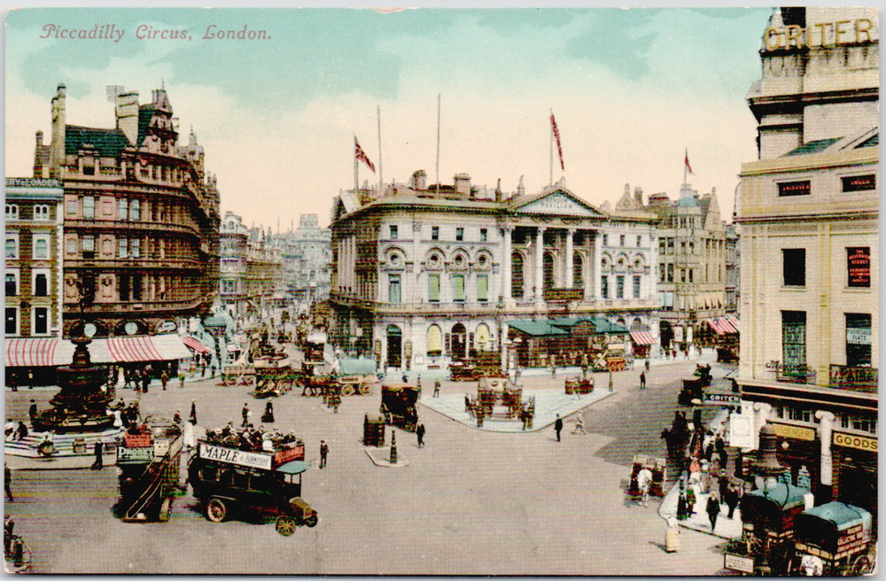 UK England London Piccadilly Circus 1910 Square Buildings Traffic Flags Postcard