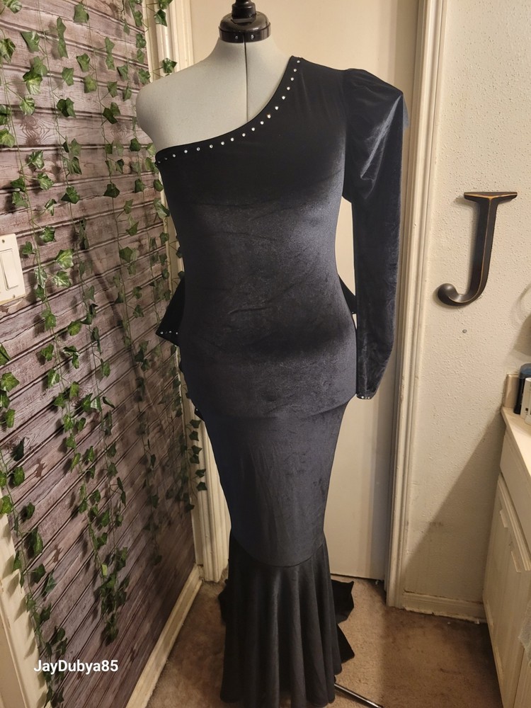 4-Way Stretch One-Shoulder Drag Queen Gown with Tux Tails & Rhinestones