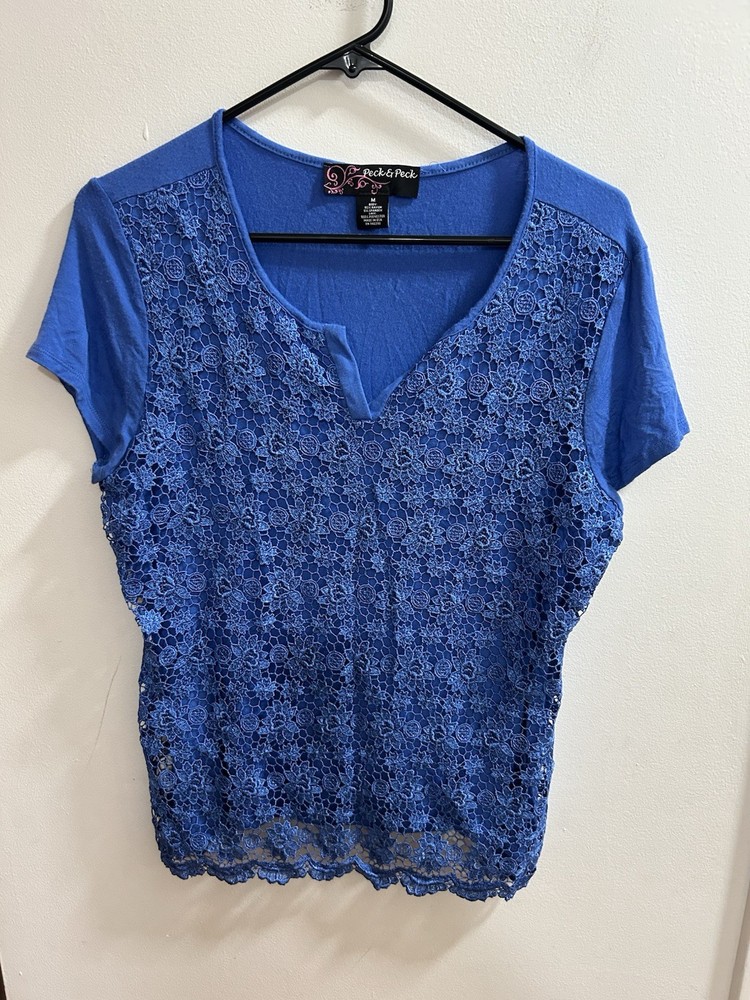 Peck & Peck Womens Medium Blue Lace Overlay Shirt