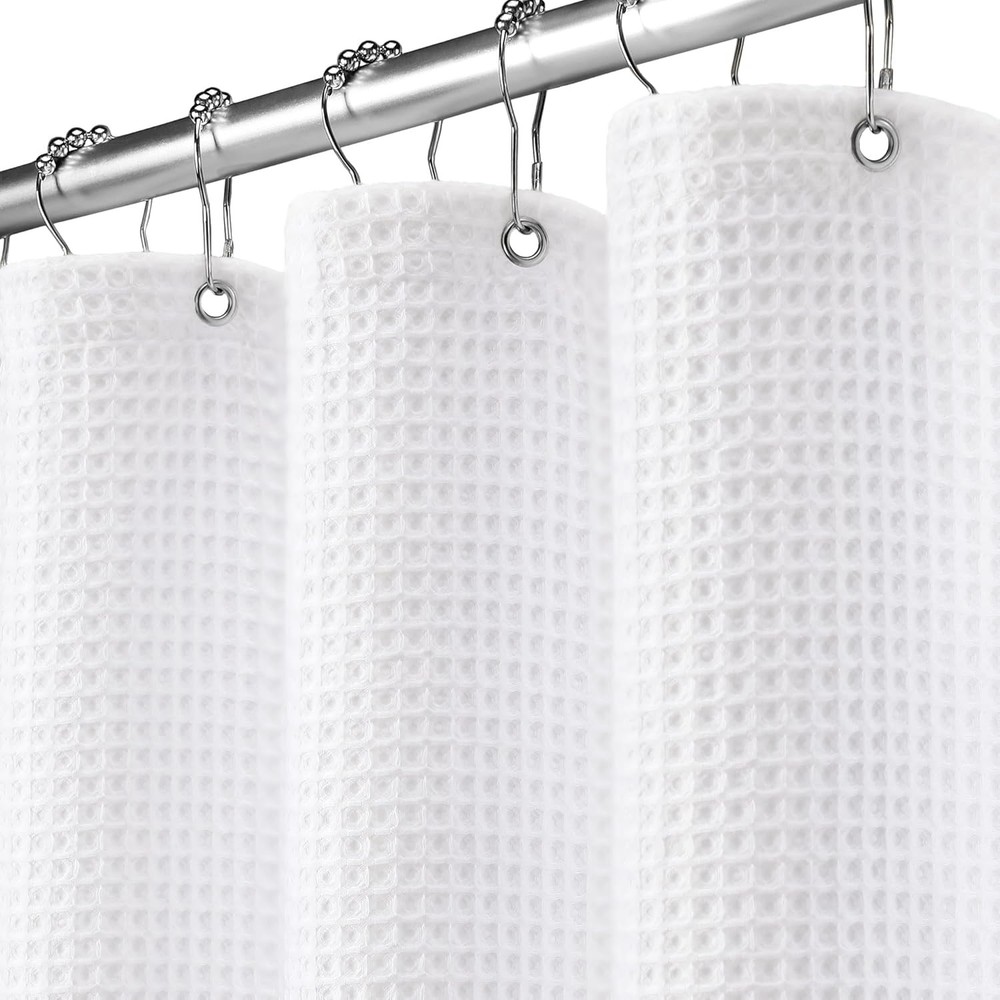 White Waffle Weave Shower Curtain Cotton Fabric Texture Heavyweight Shower