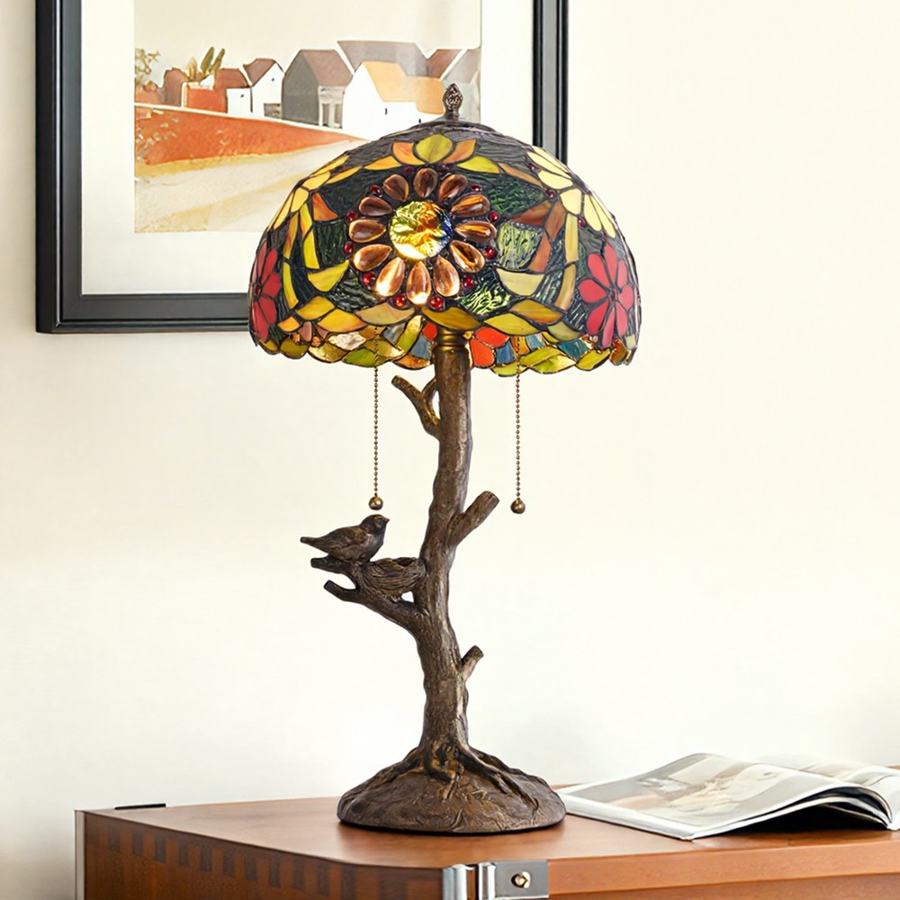 Tiffany Table Lamp, Wild Chrysanthemum Bird Table Lamp, 2- Lamp Lighting Fixture
