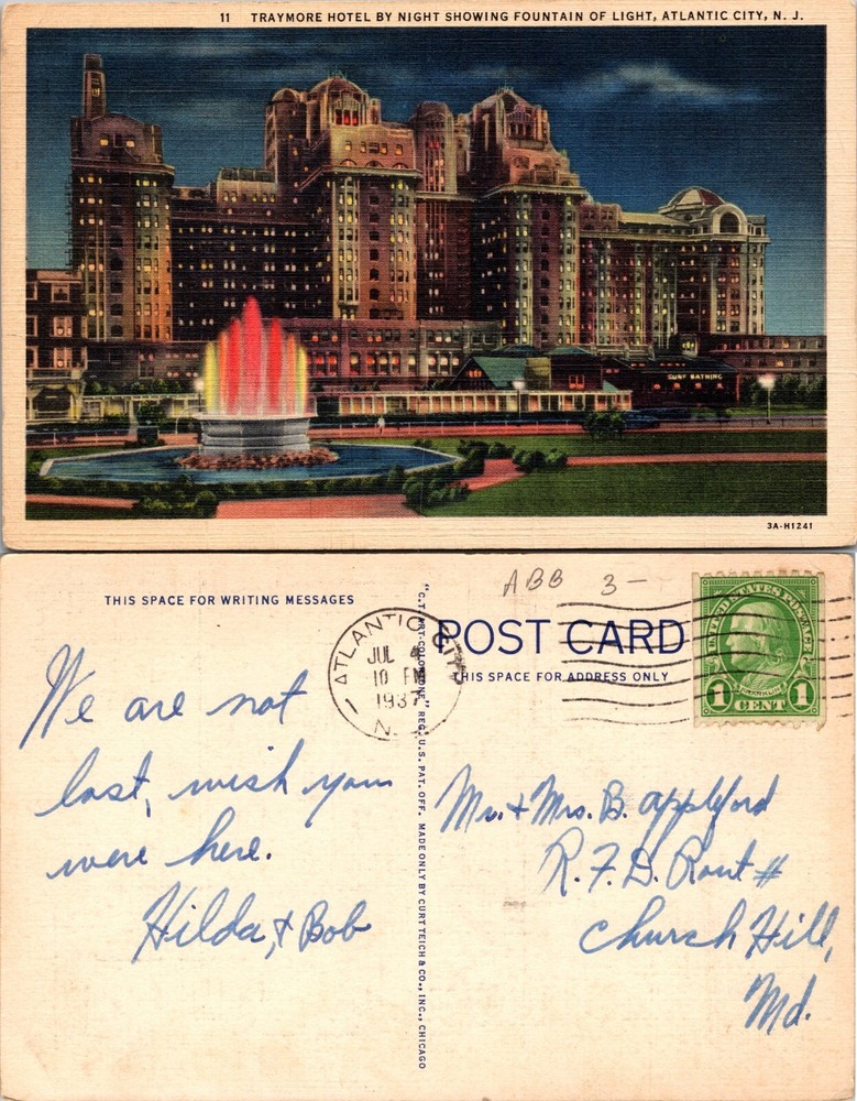 Traymore Hotel by Night Fountain of Light Atlantic City NJ Postcard