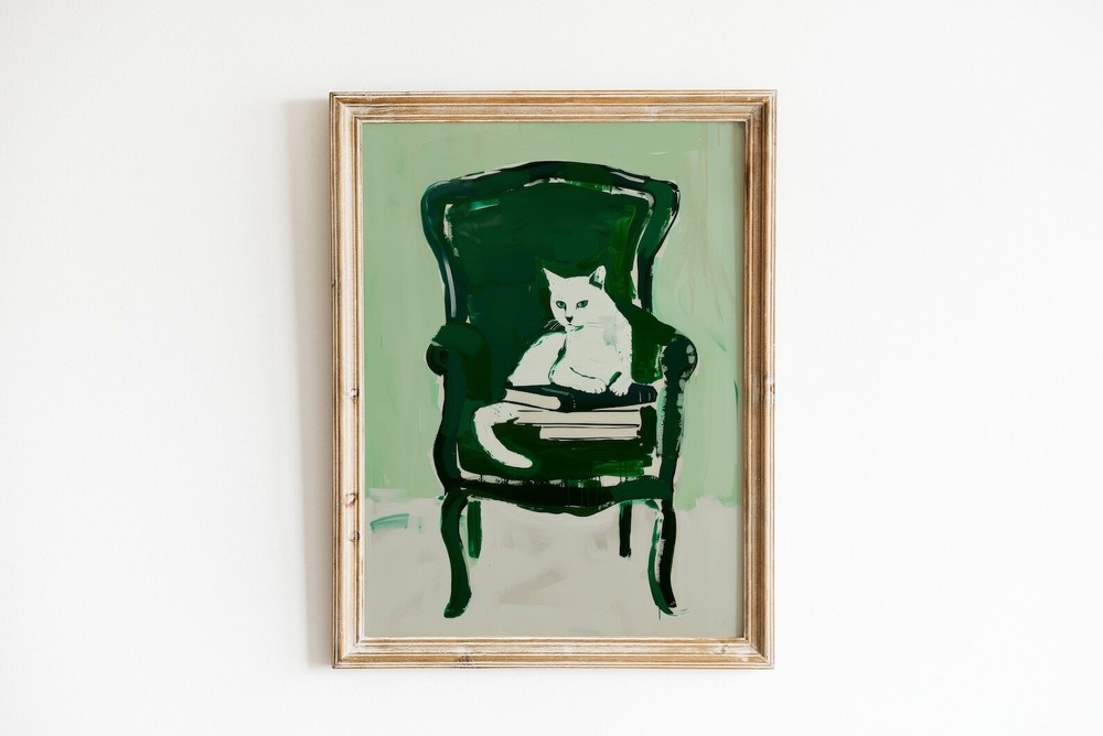 Cute Cat Print Emerald Green Painting Quirky Apartment Wall Art Retro Printable
