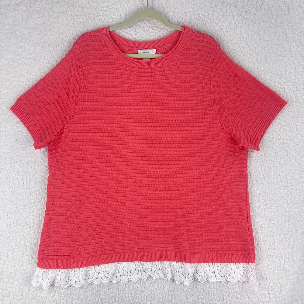 CJ Banks Top Womens 2X Plus Pink Ribbed Lace Trim Stretch Short Sleeve Blouse