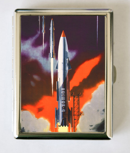 Soviet propaganda Cigarette Case Wallet Business Card Holder rocket ship sci-fi