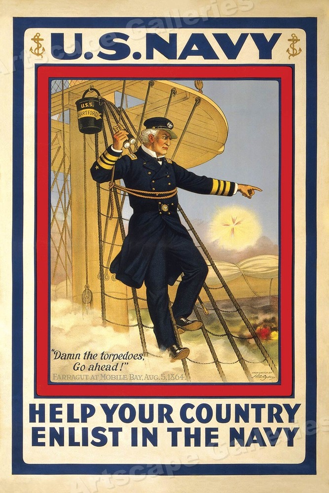 Damn the Torpedoes! Enlist in the Navy! World War I Navy Recruiting Poster 16x24
