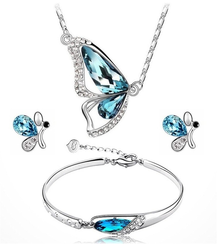 Butterfly Jewelry Set, Rhinestone Crystal blue Butterflies Necklace/Earrings/...