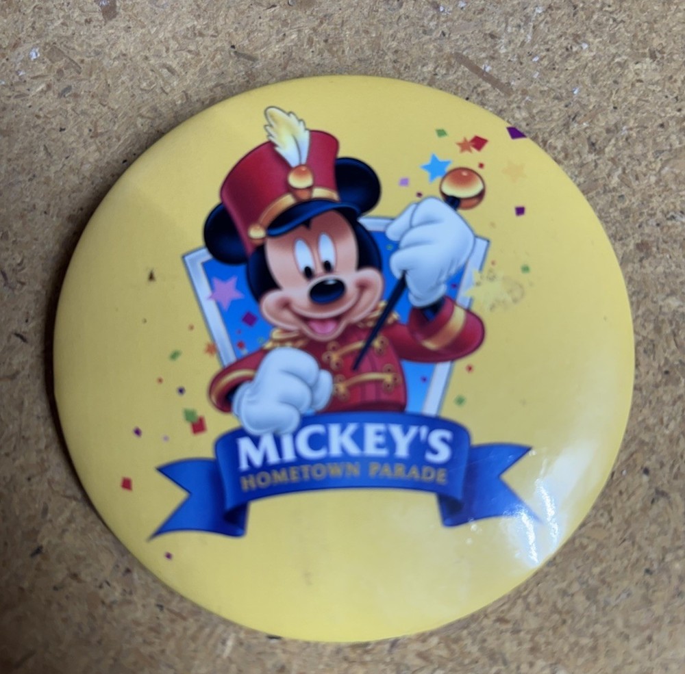 Walt Disney “Mickey Mouse Hometown Parade” Pinback Button Yellow Round Vintage