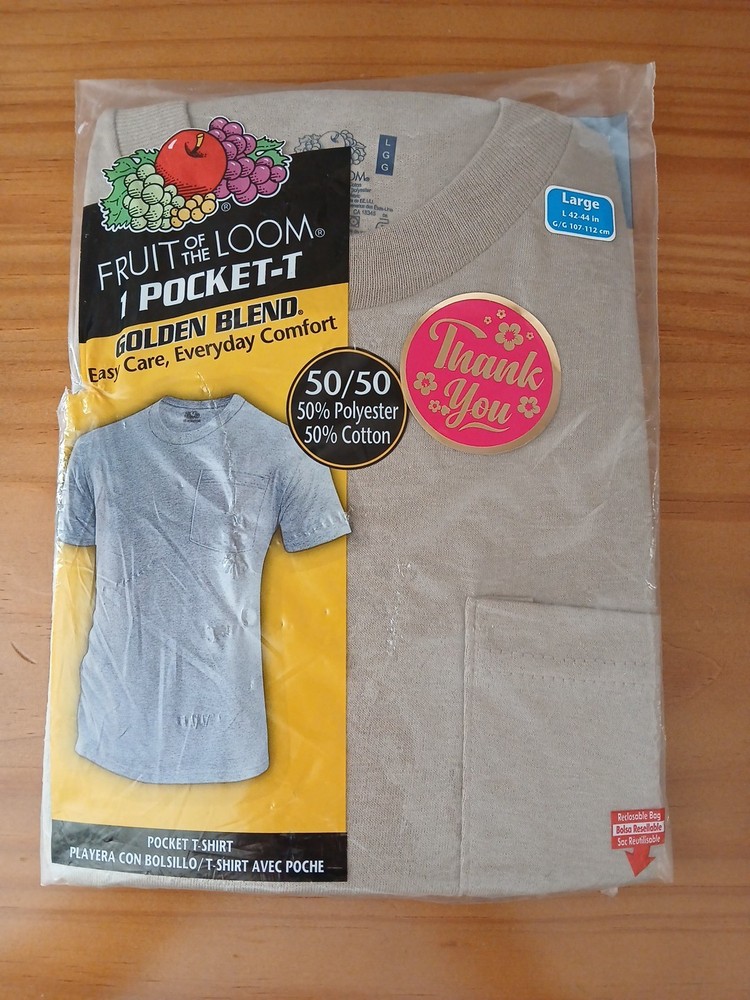 Pocket Tshirt SS  Tan Mens 42-44  Large Fruit Of The Loom Golden Blend NOS