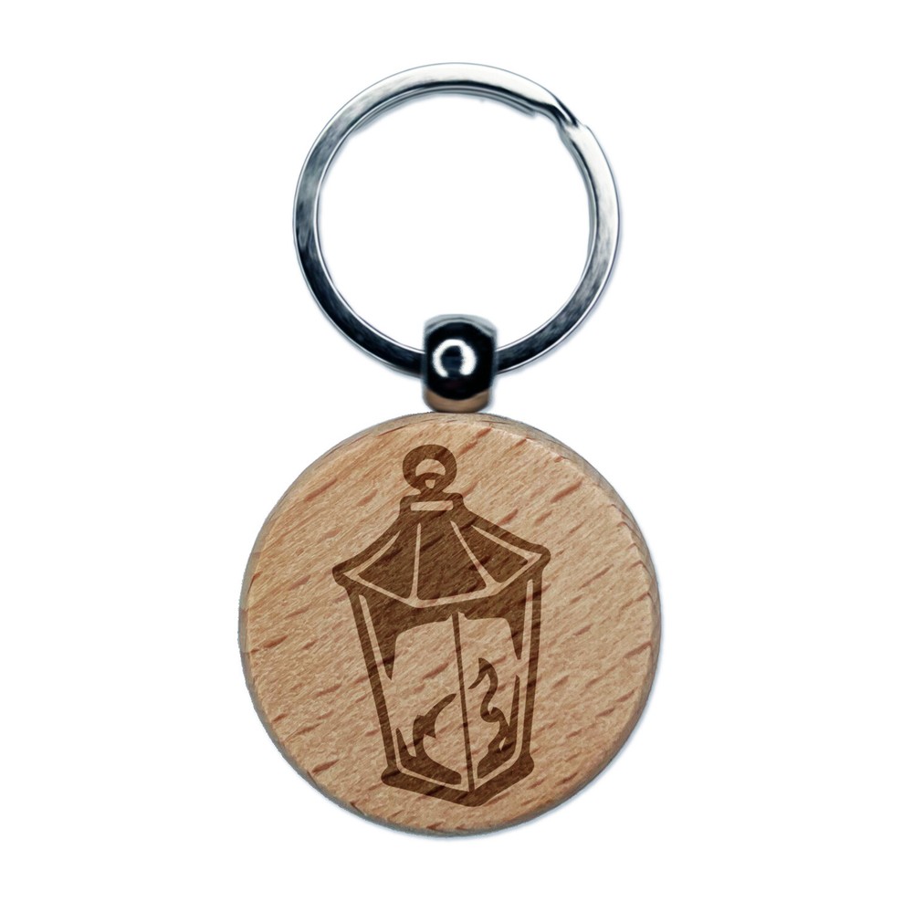 Lantern Lamp with Fire Engraved Wood Round Keychain Tag Charm