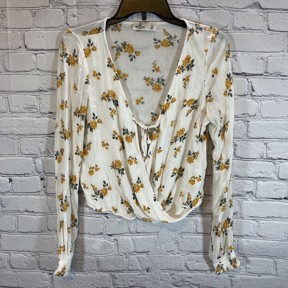 Hollister Womens Small White Yellow Floral Long Sleeve Cropped Blouse Top