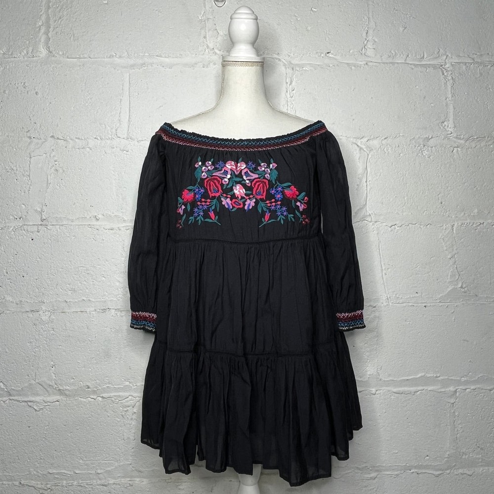 Free People Women's Black Sunbeams Floral Embroidered Off Shoulder Mini Dress XS