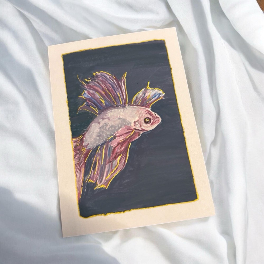 Moonveil Original ACEO Betta Fish Painting Mini Art Card OOAK Gouache Geminiarts