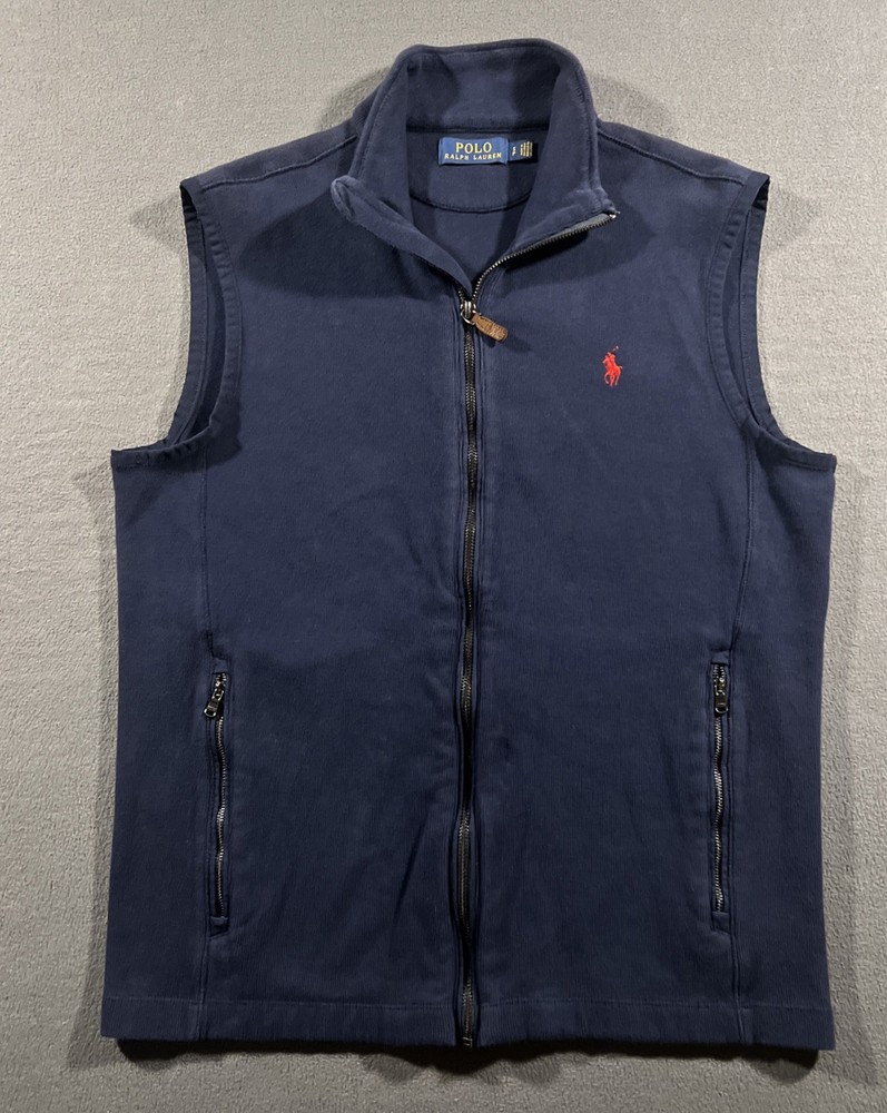 Polo Ralph Lauren Men’s Small Navy Blue Full Zip Cotton Knit Vest Zip Pockets