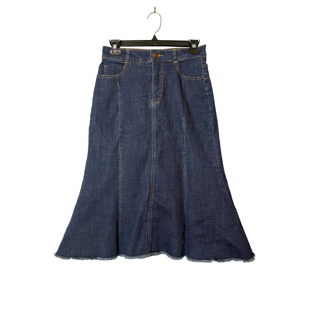 One5One Dark Wash Denim Midi Skirt Raw Hem Flared Mermaid Blue Small Boho Retro