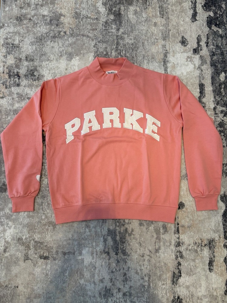 PARKE Pink Mock Neck Pullover Sweatshirt Women’s L/XL Long Sleeve Logo Heart