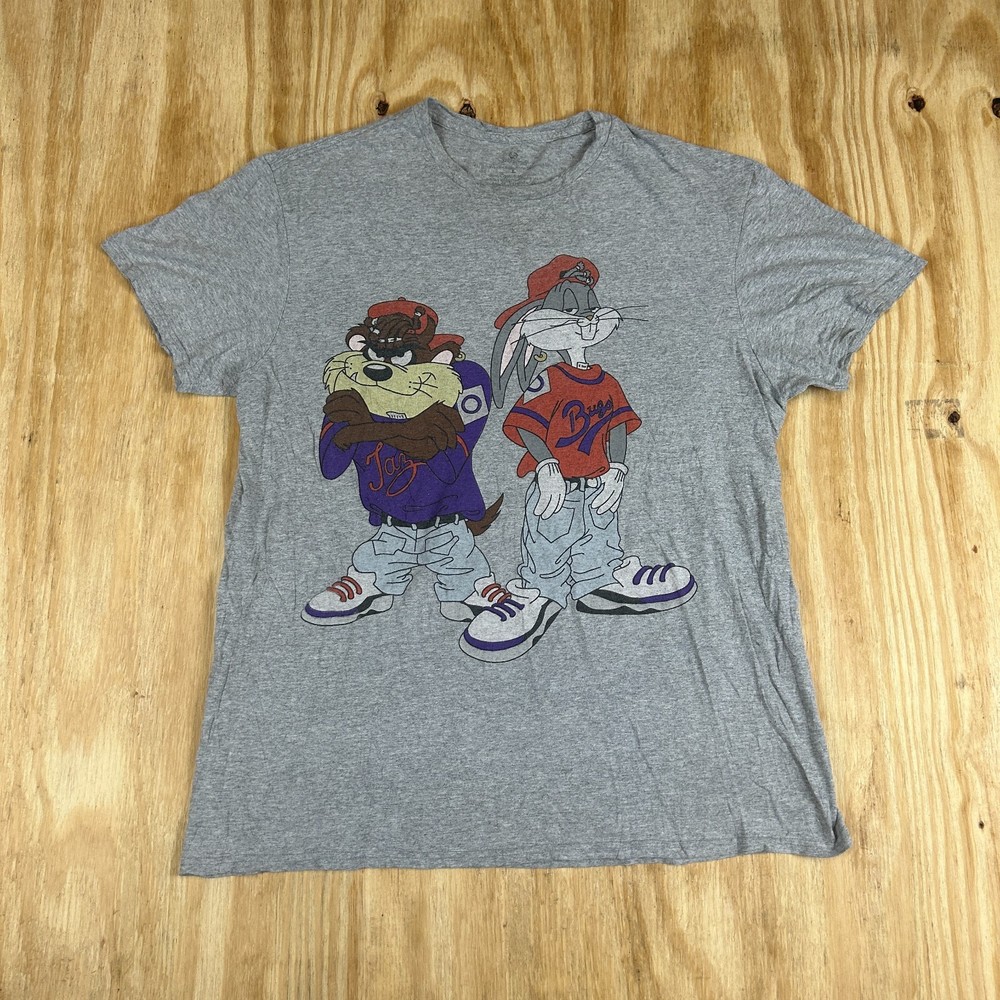 VTG Warner Bros Looney Tunes Double-Sided Tee Bugs Bunny & Taz Men's L Gray 90s