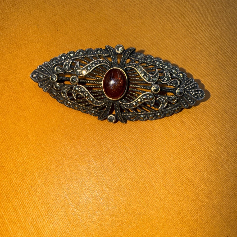 Sterling Silver Marcasite Amber stone Vintage Antique Art Deco Pin Brooch