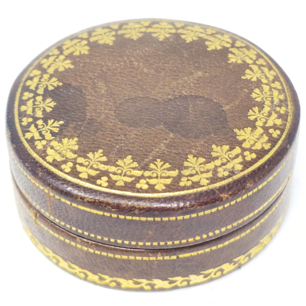 Italian Leather Round Trinket Box Gold Gilt Floral Decor Lined Made in Italy Vtg